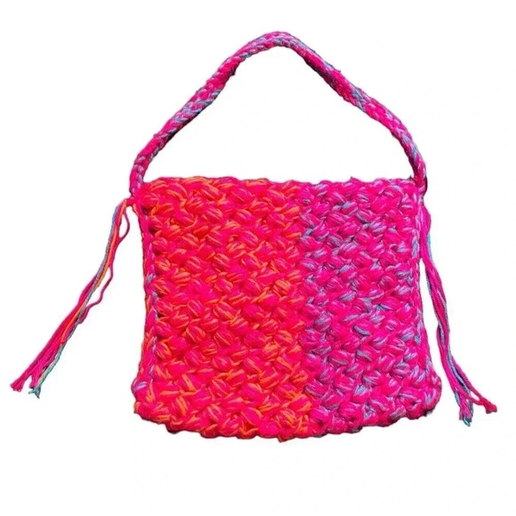 Crochet Shoulder Tote Handbag Pink Orange Blue Medium Bright Tassel Handmade - Picture 1 of 7